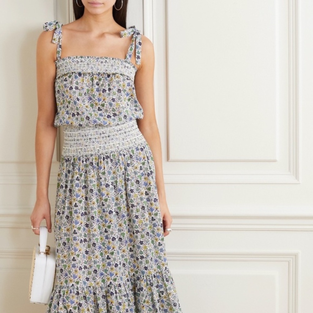 Tory Burch Smocked Floral Print Floral Cotton Voile Dress sz M NWT